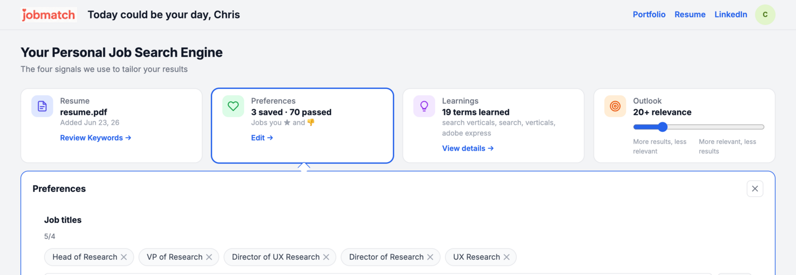 JobsMatch dashboard with four signal cards: Resume, Preferences, Learnings, and an Outlook relevance dial.