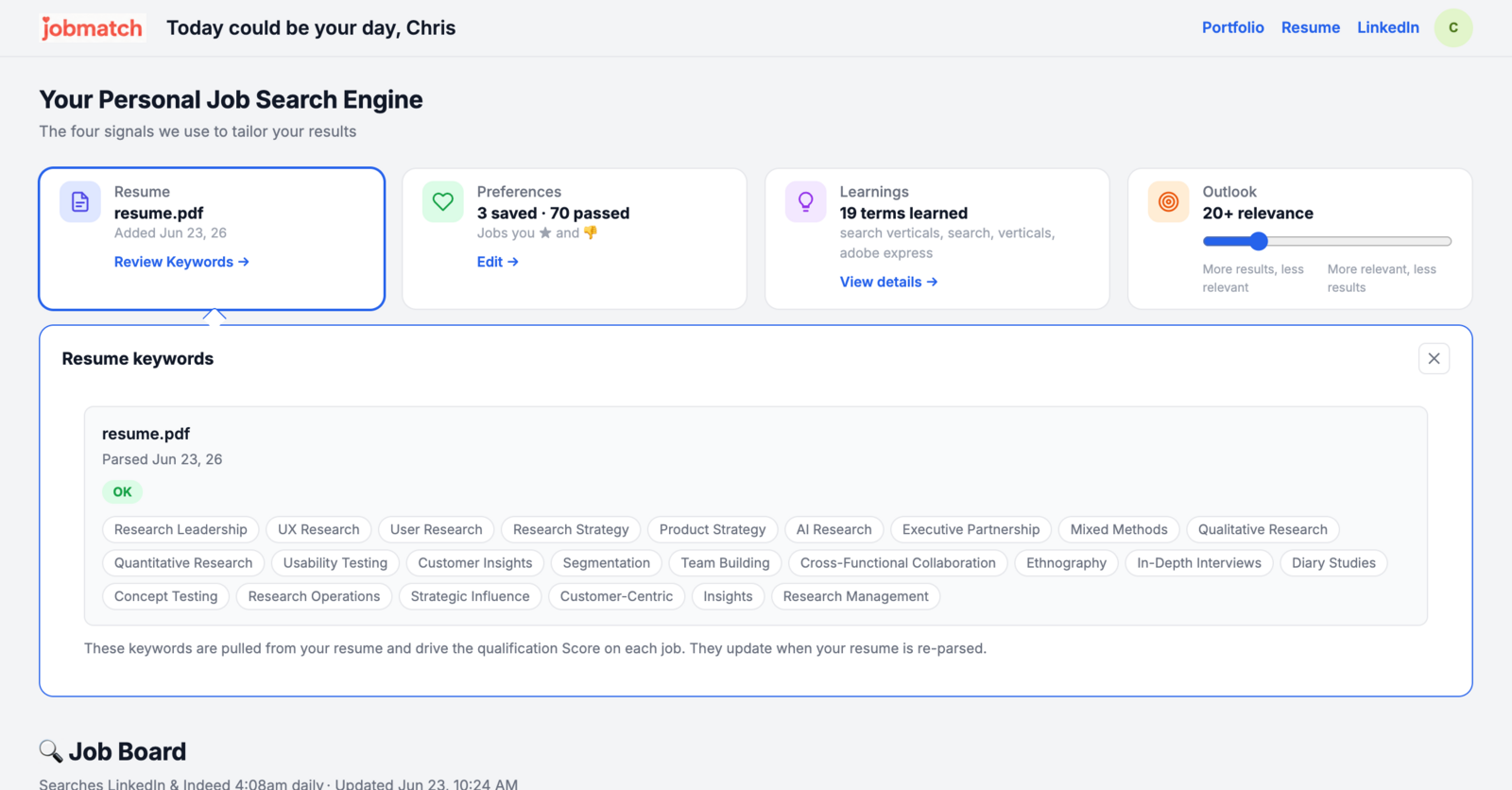 Resume keywords panel with extracted chips that drive the per-job qualification score.