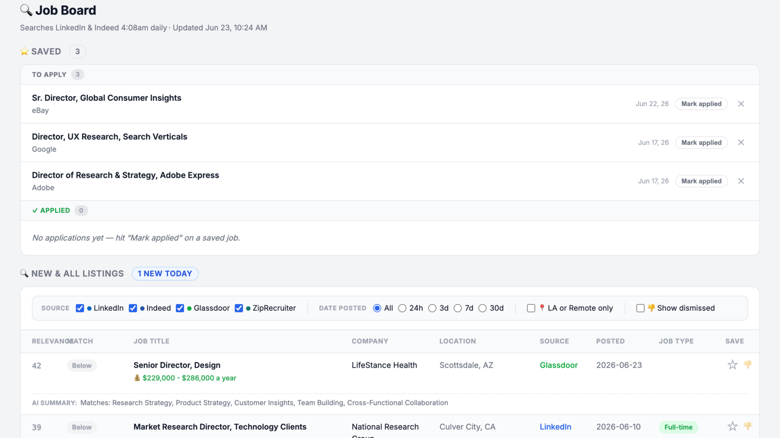 Job Board: one ranked feed across four sites with relevance scores and AI match summaries per listing.