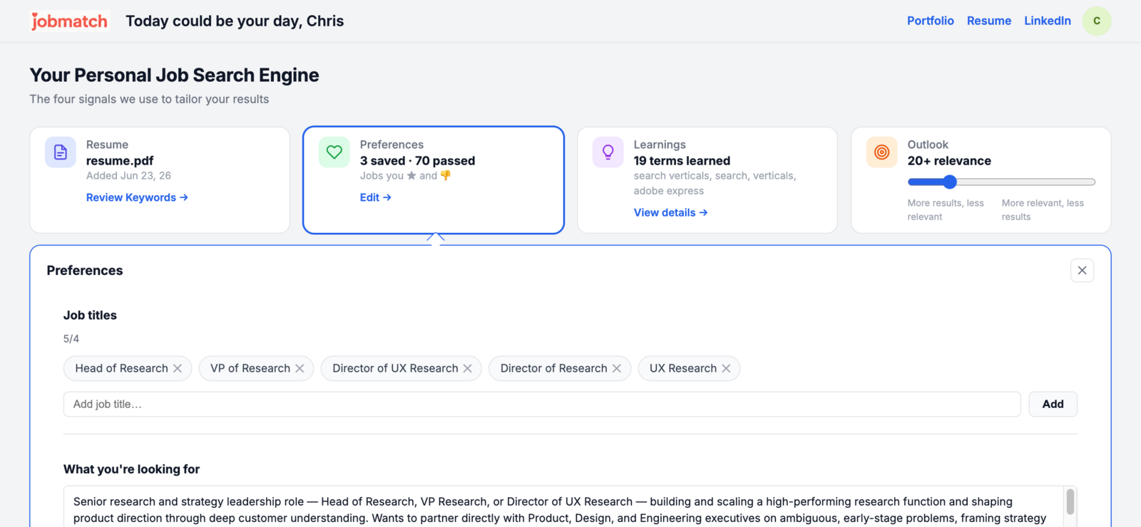 Preferences panel with job title chips and a free-text intent field that scores a preference-fit badge on each listing.
