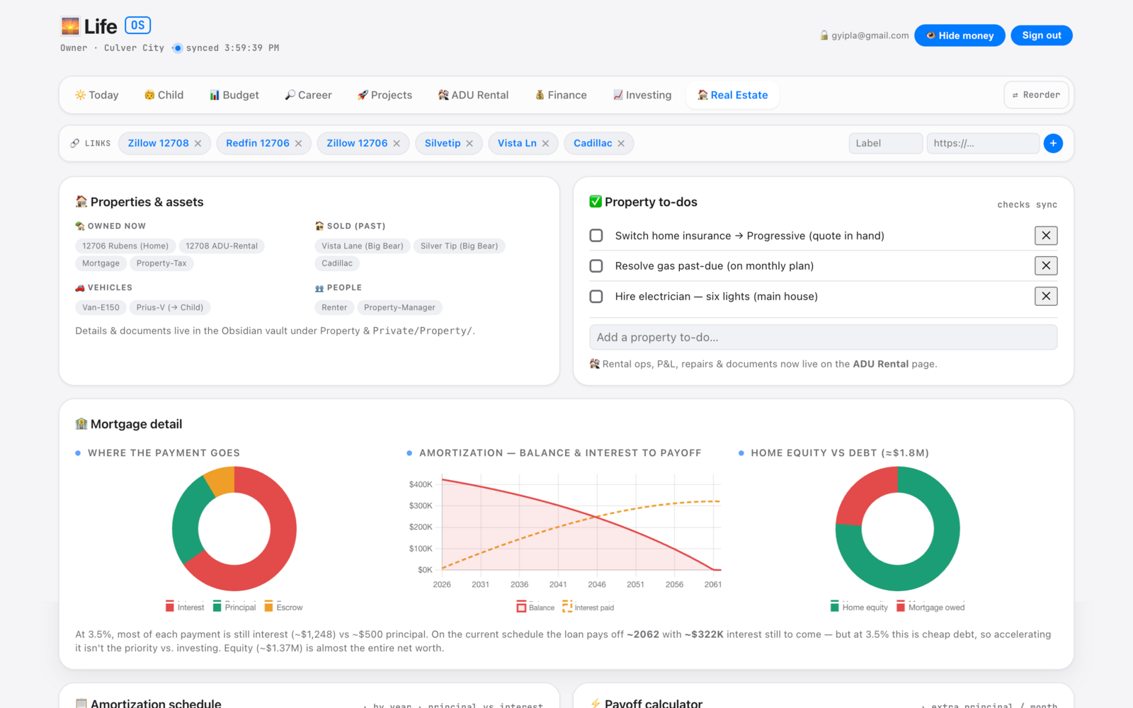 LifeOS Real Estate tab with a Properties and assets card and a property to-do list.