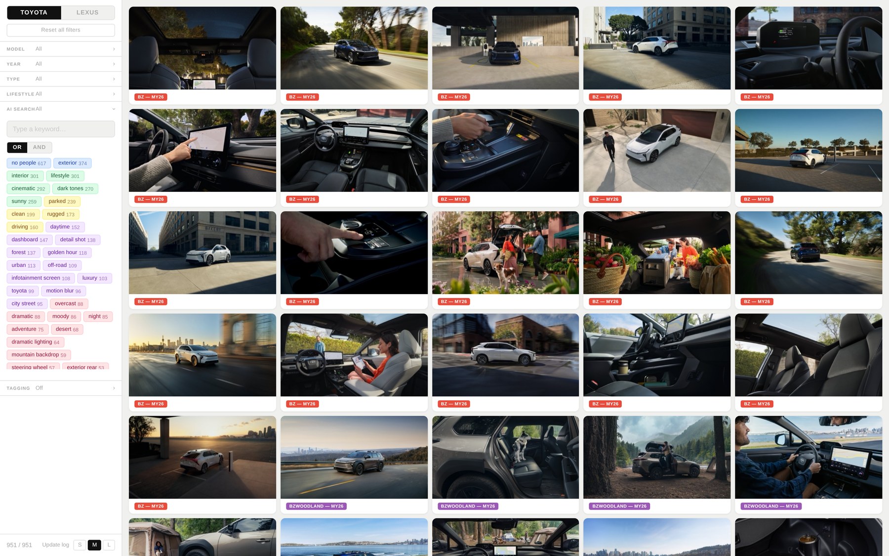 Rapp viewer: a filterable grid of Toyota gallery images with a Model / Year / Type / Lifestyle / AI Search sidebar and keyword chips with counts.