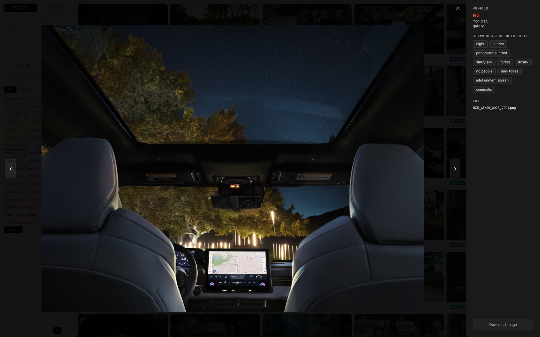 Rapp lightbox: a full-size bZ interior shot with an AI keyword panel — night, panoramic sunroof, starry sky, forest, luxury — each clickable to filter.