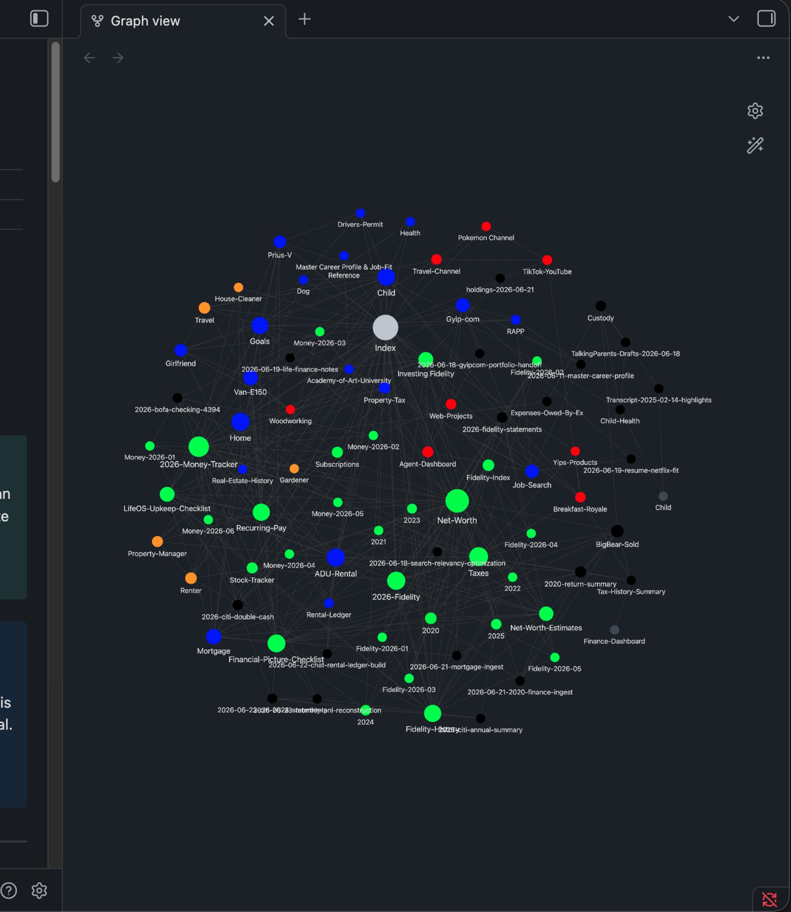 Obsidian knowledge graph: the Second Brain node map with hundreds of linked notes.
