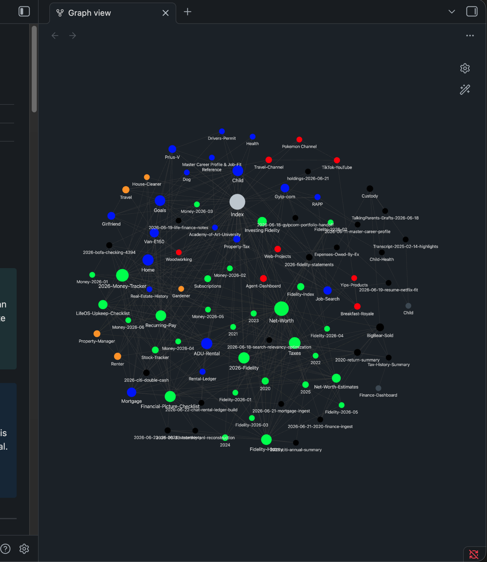 Obsidian knowledge graph: the Second Brain node map with hundreds of linked notes.