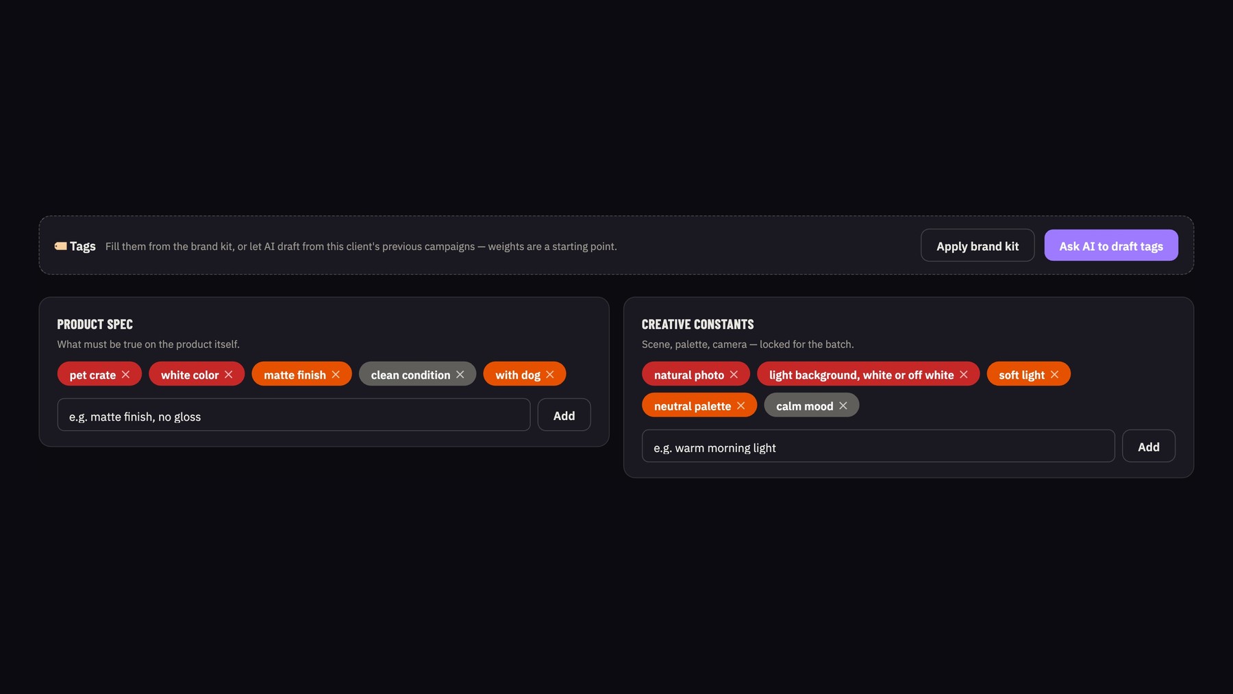 The app's tags editor: weighted Product Spec and Creative Constants tags, with Apply brand kit and Ask AI to draft tags.