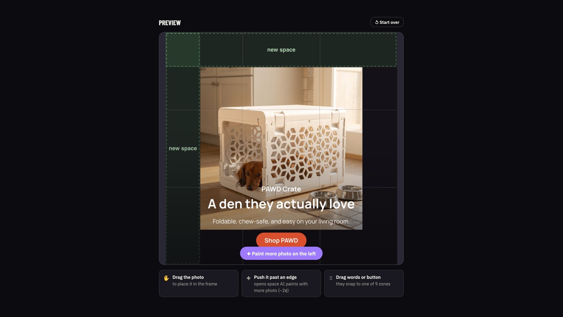 The app's layout canvas: a composed KindTail ad with headline, subhead, and Shop button dragged onto the product photo, and green 'new space' zones where AI paints more scene to hit any size.