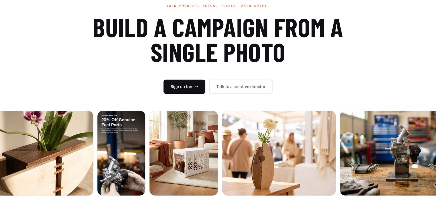 Tolerance Studio landing: 'Build a campaign from a single photo' over a row of product renders.
