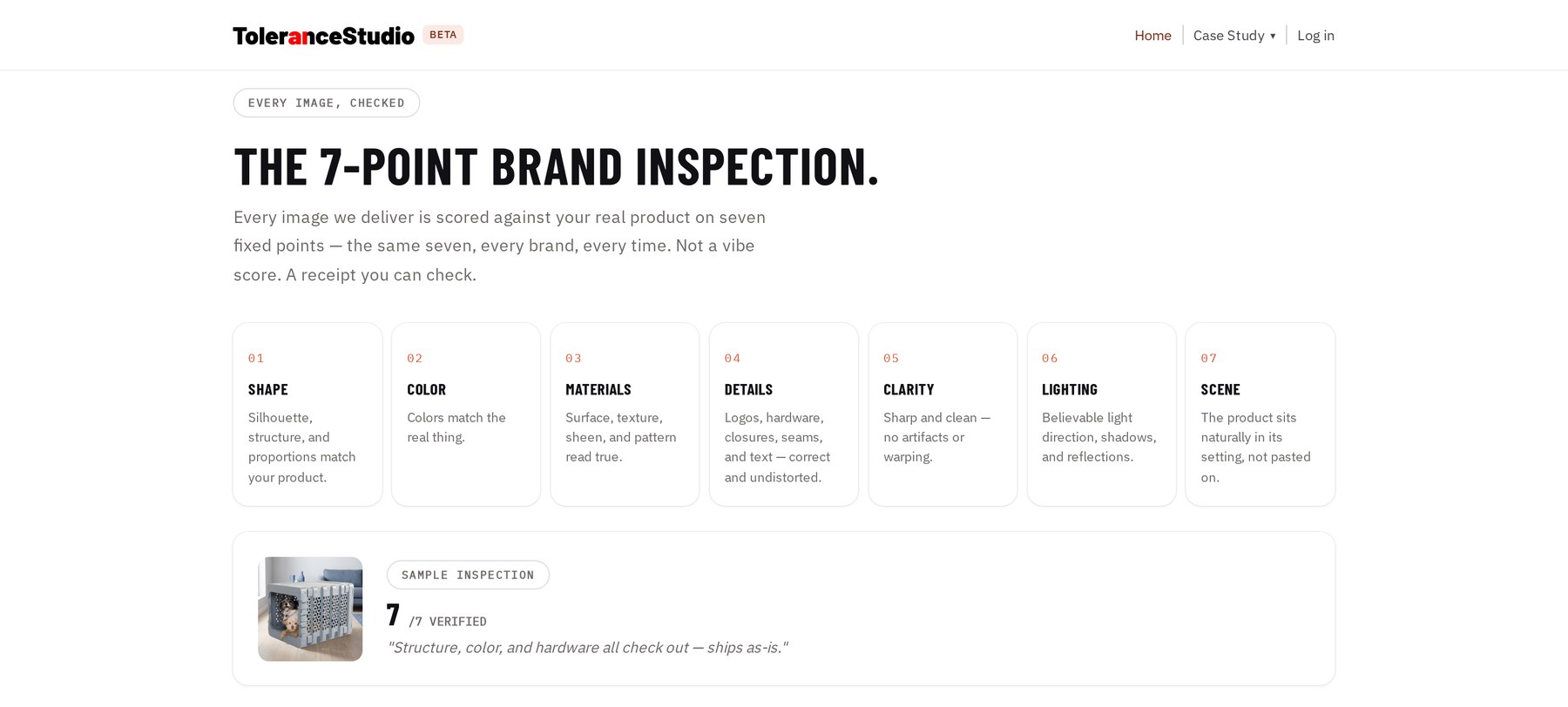 The 7-point brand inspection: shape, color, materials, details, clarity, lighting, and scene, with a sample render scored 7/7 verified.